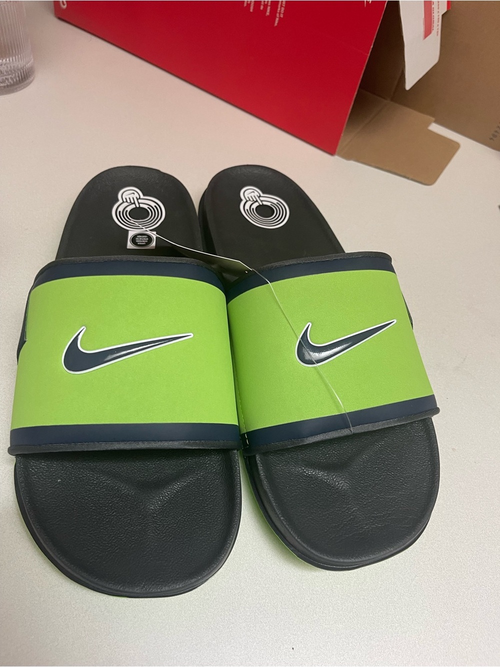 Nike Men’s Seahawks Green and Black Slide Sandals with Swoosh Accent NWT